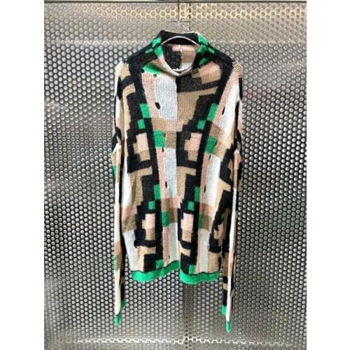 Contrast 11.18 Color Womens Patchwork Knit Fashion Set Geometric Pattern Turtleneck Pullover Sweater Or Straight Wide Leg Pants