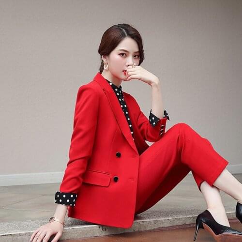Womens suit pants set Slim office lady business suit fashion yellow double-breasted versatile two piece set top and pants
