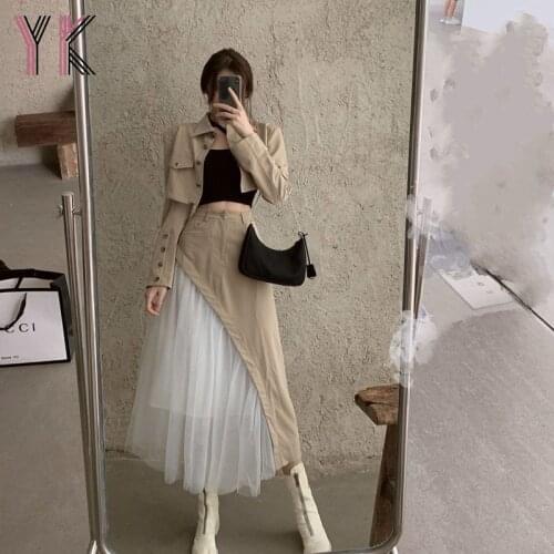 Brown Short Button Jacket And High Waist Mesh Skirt Two-Piece Suit Blazer Patchwork Asymmetric Cargo Skirt Spring Fashion Sets