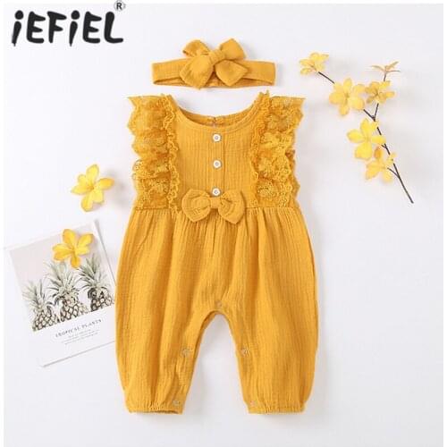 Summer Newborn Baby Girls Romper+Bowknot Headband Cotton Linen Ruffles Sleeveless Rompers Lace Bow One Piece Jumpsuit Clothes