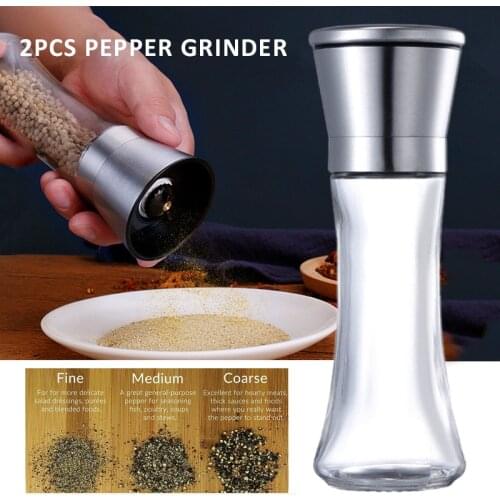 2pcs 180ml Glass Stainless Steel Ceramic Large Manual Salt Pepper Mill Grinder Food Spice Grinders Kitchen Tools