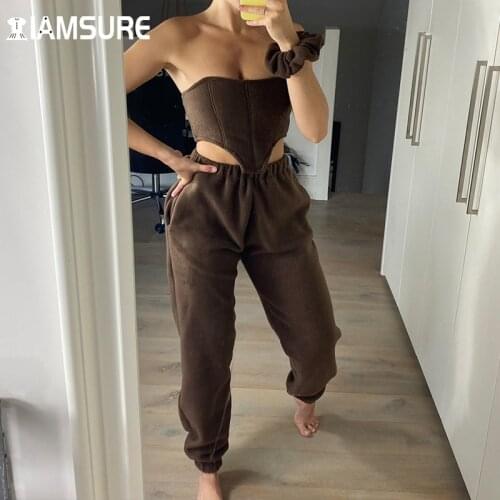 IAMSURE Solid Furry Pants Set Women 2021 Casual Sexy Autumn Winter 2 Pieces Sets Bandage Corset Crop Top High Waisted Trousers