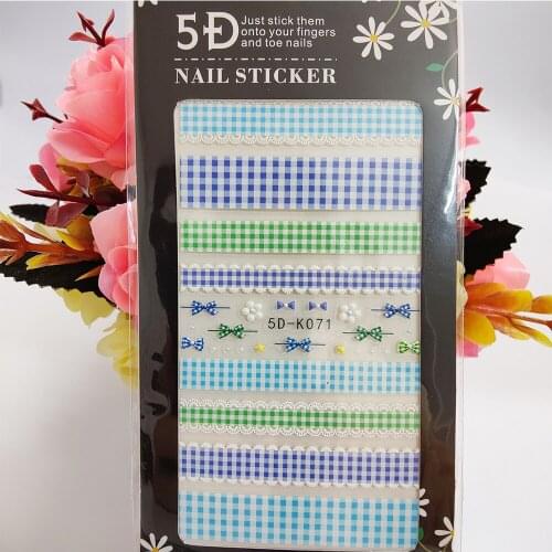 5D Nail Sticker Anaglyph Effect Blue Green Lace Plaid Fence Bow Knot Nail Art Decorations Self Adhesive Manicure Accessories