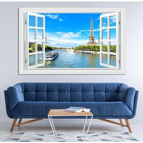 Eiffel Tower Lake Scenery Wall Art 3D Imitation Window Design Canvas Painting Posters Pictures Prints Home Living Room Decor