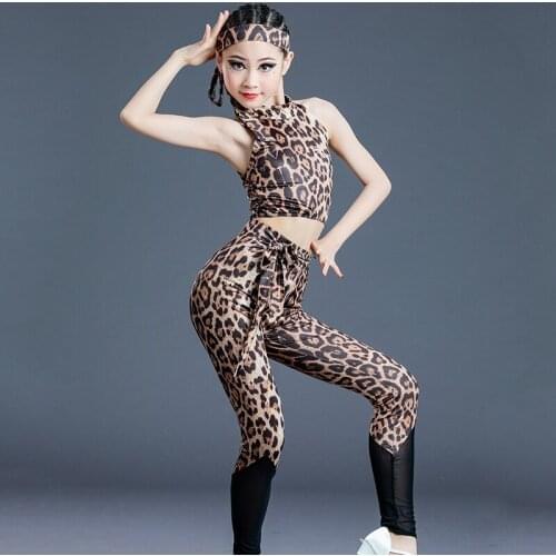 2021 New Latin Dance Costumes For Kids Leopard Top Pants Suit Practice Clothes Chacha Samba Tango Latin Performance Wear SL4744