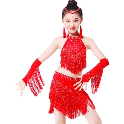 New Childrens Latin Dance Dress Tassel Girls Latin Dance Costume Child Ballroom Dance Paillette Ballet Samba Dance Dress 89