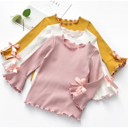 New Spring Fall Winter Girls Shirts Kids White Pink Long Sleeve Lace Bow Baby Girl Tops t shirt Toddler Children Clothes Gifts