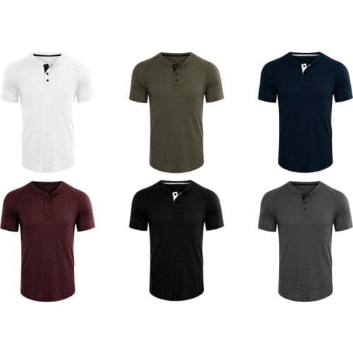 Hot Kf-Mens Fashion Casual Solid Color Round Neck Button Loose Short Sleeve T-Shirt Tops