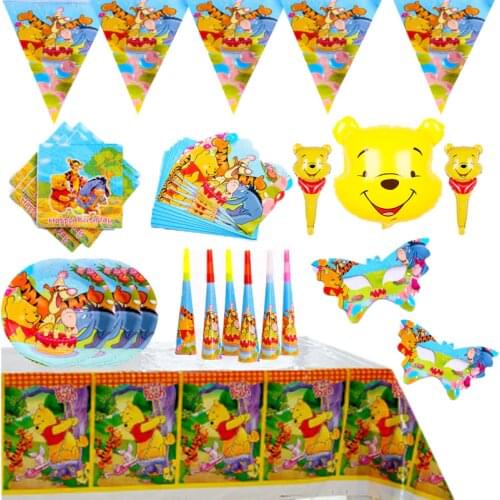 Cartoon Winnie the Pooh Theme Party Disposable Tablewares Baby Birthday Party Decoration Paper Cup Plate Hat Cute Foil Balloons