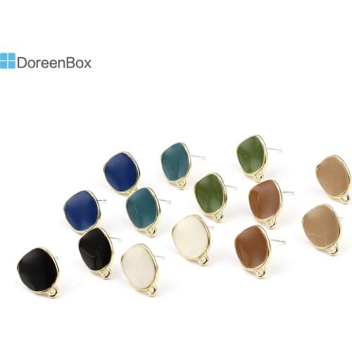 Doreen Box Fashion Ear Post Stud Earrings Findings Irregular Gold Color Green Round Enamel Handmade DIY Jewelry 15x12mm, 2Pairs