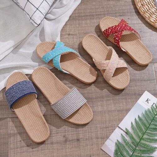 Womens Home Slippers Unisex Bedroom Flat Shoes Breathable Outdoor Beach Slides Summer Indoor Flax Flip Flops Female Sandals