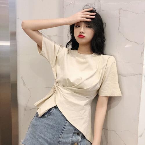 2021 Women Summer T-Shirt New Korean Fashion Harajuku Slim Round-Neck Short-Sleeve Top Irregular White Black T-Shirt YM249