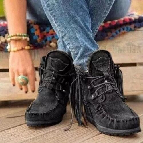 2021 Hot Women Ankle Boots Flats Shoe Booties Gladiator Vintage Faux Suede Round Toe Lace Up Tassels Botas Mujer Plus Size 35-43