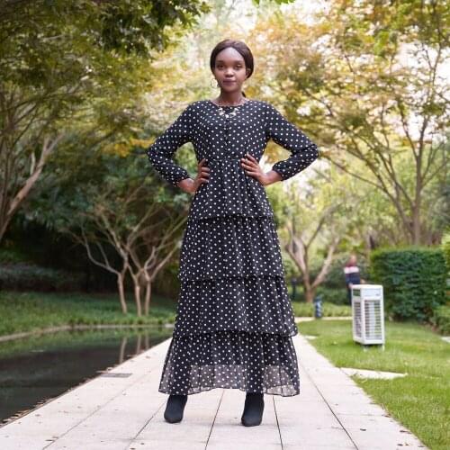 Women Chiffon Layered Dress Polka Dot Casual Spring Fall Dubai Kaftan Jilbab Arab Muslim Abaya Ramadan Islamic Vestido Fashion