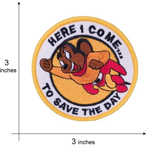 Mighty mouse here I come embroidered iron on patch, cartoon animal jacket backpack fabric accessories wholesale DIY