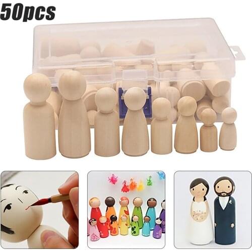 50pcs Wooden Peg Dolls Unpainted Figures DIY Arts Crafts Kids Birthday Gifts Handmade Male & Female Dolls 65mm/53mm/43mm/33mm