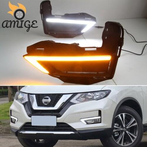 Amige 12V LED DRL Daytime Running Light For Nissan X-Trail T32 Xtrail 2017 2018 2019 Turn Yellow Signal Headlamps Daylights