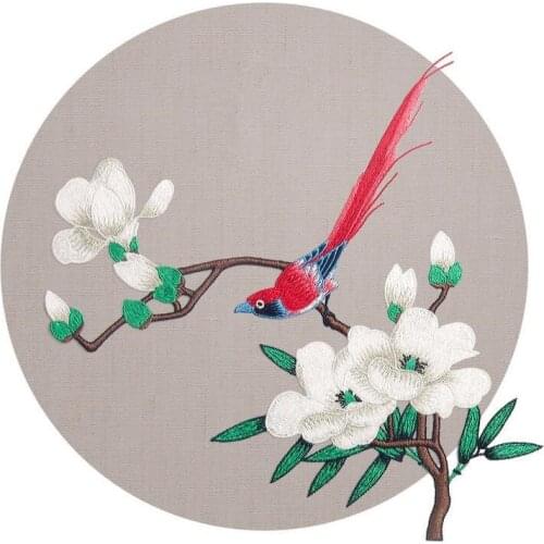 Free Shipping Magnolia White Flower with Red Bird Patch Embroidered Sew On Patches