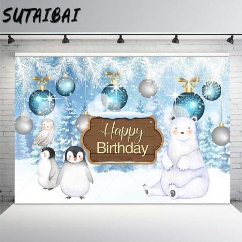 Winter Wonderland Backdrop Animals Penguin Bear Forest Snow Children Birthday Party Christmas Photography Background PhotoStudio