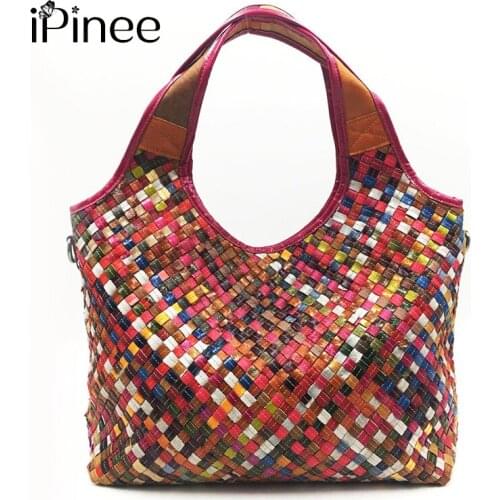 IPinee Brand New Genuine Leather Hobo Bag Handmade Woven Casual Female Handbag Big Capacity Patchwork Zipper Women Shoulder Bags