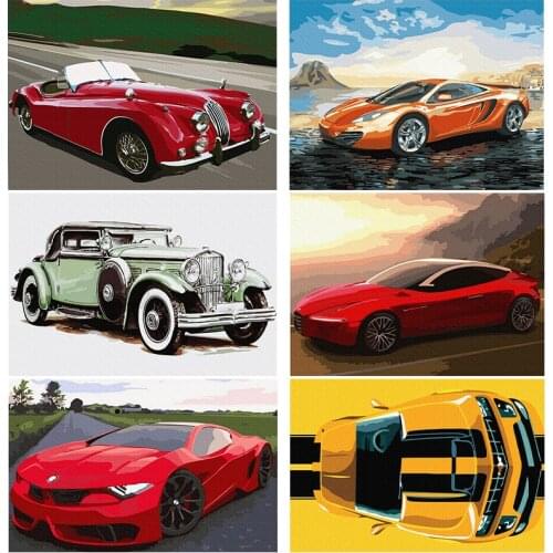 Paintmake Red Sports Car DIY paint by Numbers no frame Automobile Oil Painting on canvas For Home Room Decor Wall Art Picture