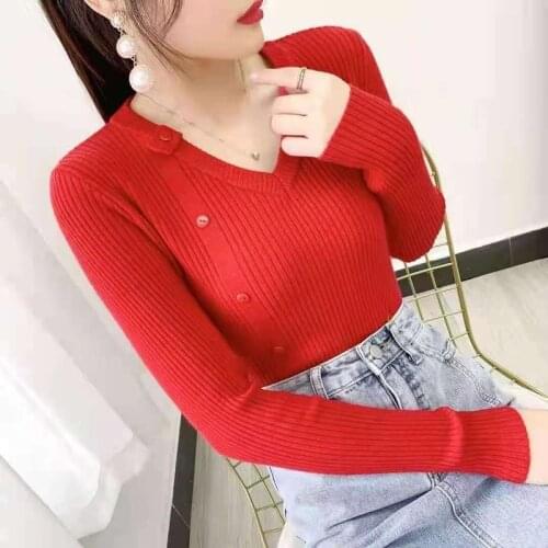 2021 Autumn and Winter Knit Sweater New V-neck Long Sleeve Sweater Women Slim Pullover Female Casual Bottoming Shirt Chic 15826