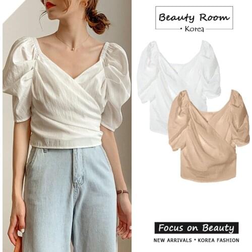 QOERLIN Bandage Puff Sleeve White Blouse V Neck French Style New Blusas Mujer De Moda 2021 Tops Women Plus Size Summer Clothes