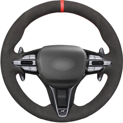 Hand-stitched Black Suede Red Marker Car Steering Wheel Cover for Hyundai i30 N 2018-2020 Veloster N 2019-2021