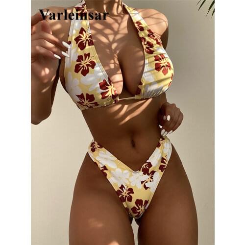 Sexy Flower Printed Halter High Cut Bikini Women Swimwear Female Swimsuit Two-pieces Bikini set Bather Bathing Suit Swim V3098