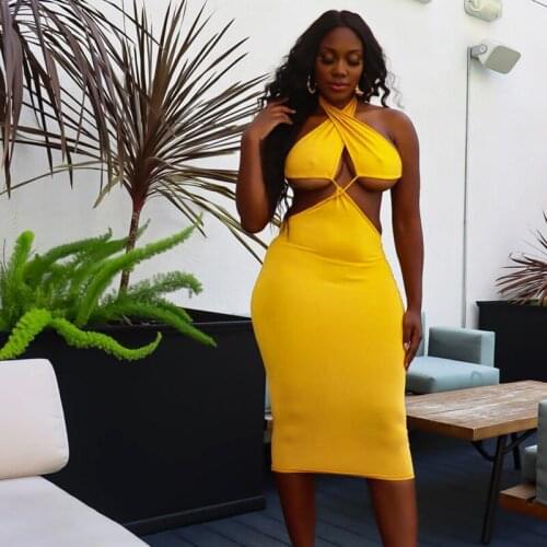 Thorn Tree Women High Waist Hollow Out Halter Dress Fashion Solid Color Halter Neck Sleeveless Backless Long Dress White Yellow