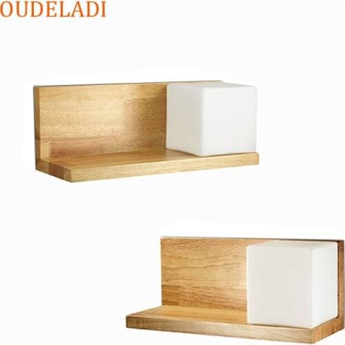 Modern Living Room Aisle Decor Light Fixture E27 Simple Square Solid Wood Wall lamps with Glass lampshade Bedside Lamp