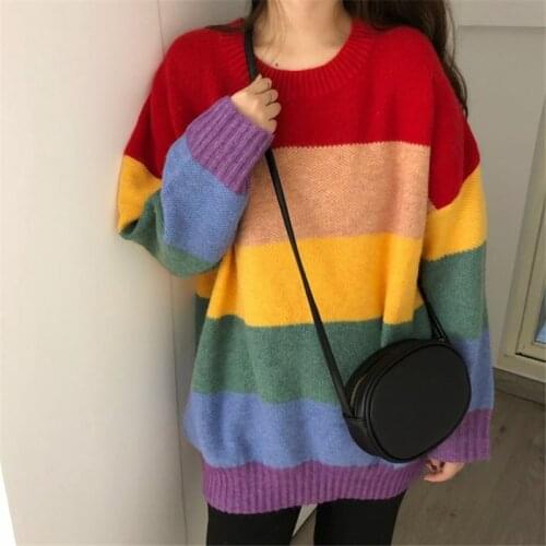 Rainbow Striped Sweater Women Autumn Harajuku Jumper Vintage Pullovers Oversize Sweater Korean Knitwear Loose Warm Colorful V981