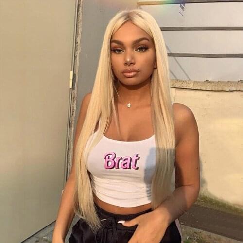 Brat Letter Ptint U Neck Sleeveless Camisole Top Female Streetwear Club Backless Slim Crop Top 2021 Summer Women White