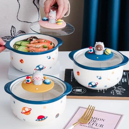 Creative Space Instant Noodle Ceramic Bowl With Cover Cartoon Cute Large Capacity Office Fruit Noodle Soup Bowl Tableware