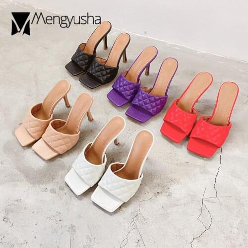 Luxury designer quilted sandals women open sqaure toe high heels sandalias mujer 2020 sexy ladies summer slippers plaid slides