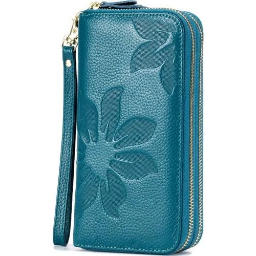 Women Wallet Double Zipper First Layer Cowhide Large Capacity Long Clutch Genuine Leather Purse New Mobile Phone Bag Wallet