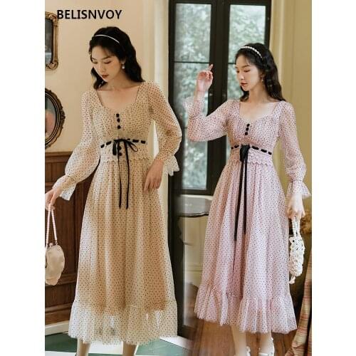 New Spring Autumn Women Midi Feminine Dress Square Collar Khaki Pink Polka Dot Lace Mesh Dress French Elegant Ruffles Dress