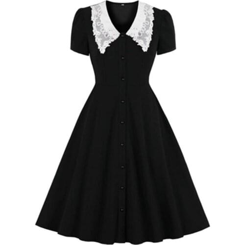 Vintage Dress Women Sweet Lace Peter Pan Collar French Elegant Short Sleeve Button Fairy Retro Style Dress Korean 2021 Summer