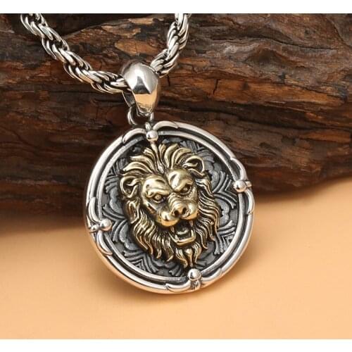 100% New style s925 Silver Street Fashion Lion Head Medallion endant Retro Hip-Hop Personality Mens Pendant Jewelry Set