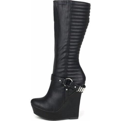 2018 Fashion Platform Heels Wedges Mid-Calf Woman Boots Belt Chians Decorations Slip On Female Motorcycle Boots Big Size 43