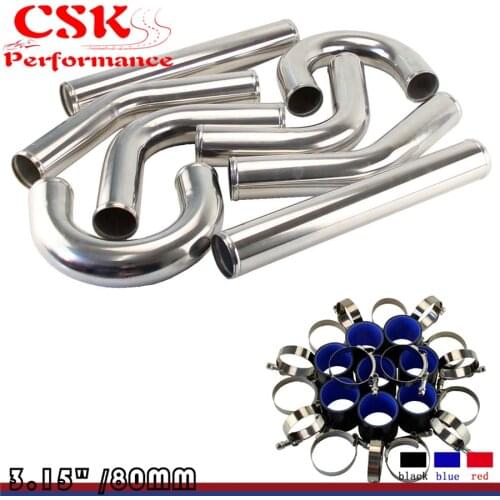 3.15" 80mm Aluminum Universal Intercooler Turbo Piping pipe Kit +Black hose kits