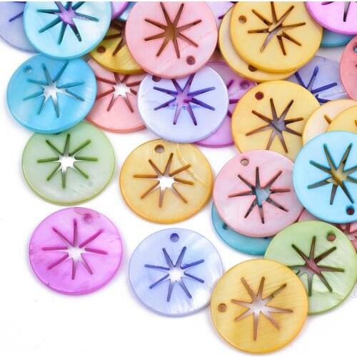 5pcs Dyed Freshwater Shell Flat Round with Hollow Star Pendants for necklace jewelry making Decor Accessories 20x2mm, Hole:1.6mm