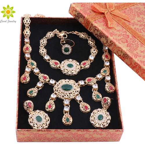 African Beads Jewelry Set Dubai Wedding Bridal Women Jewelry Set Gold Color Green Red Crystal Necklace Sets with Gift Boxes