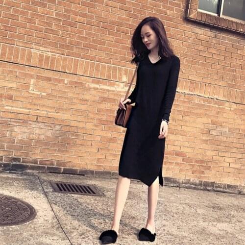 Sexy Women Maxi Dress V-neck Long Sweater Dress Slim Hem Split Knit Long Dresses Autumn and Winter