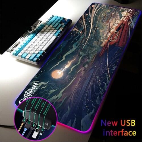 Genshin Impact RGB Mouse Pad Anime Multi-interface Four USB Docking Dock USB Hub Cute Girl XXLMousePad Typec Interface Desk Mat