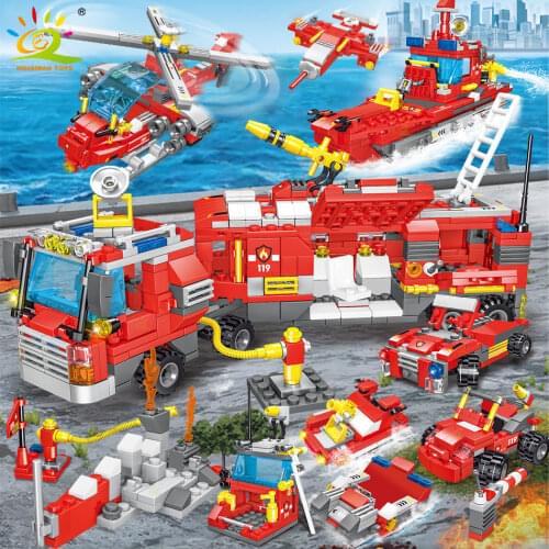 HUIQIBAO 678pcs Fire Fighting 8in3 Trucks Car Helicopter Boat Building Blocks City Firefighter Figures Man Bricks Children Toys