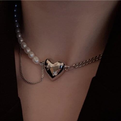 LJHMY Retro Fresh Water Pearl Necklace Chain with Heart Love Chain for Women