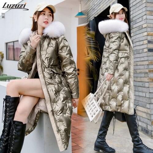 Luzuzi 2021 Winter Down Jacket Womens Glossy White Duck Down Coat Hooded Thick Large Fur Collar Long Parkas Female Slim Outwear