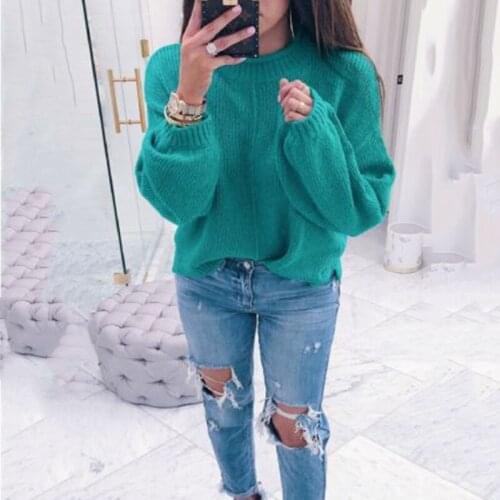 Autumn and Winter Knitted O-neck Sweater Solid Color Womens Lantern Sleeve Sweater Loose Casual Ladies All-match Blouse