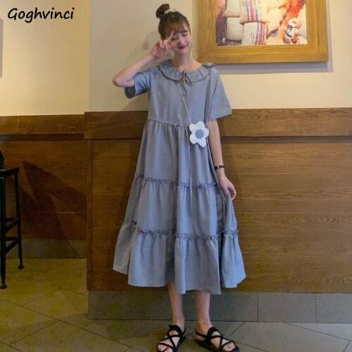 Short Sleeve Dress Women Solid Ruffles Mid-calf Sailor Collar Loose Lace Up Students Sweet Preppy Style Chic Fashion Leisure New